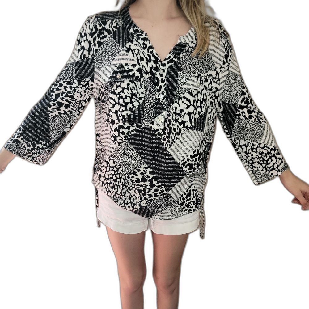 Ruby Rd Womens Striped Animal Print Button Down Size XL Black White Top
